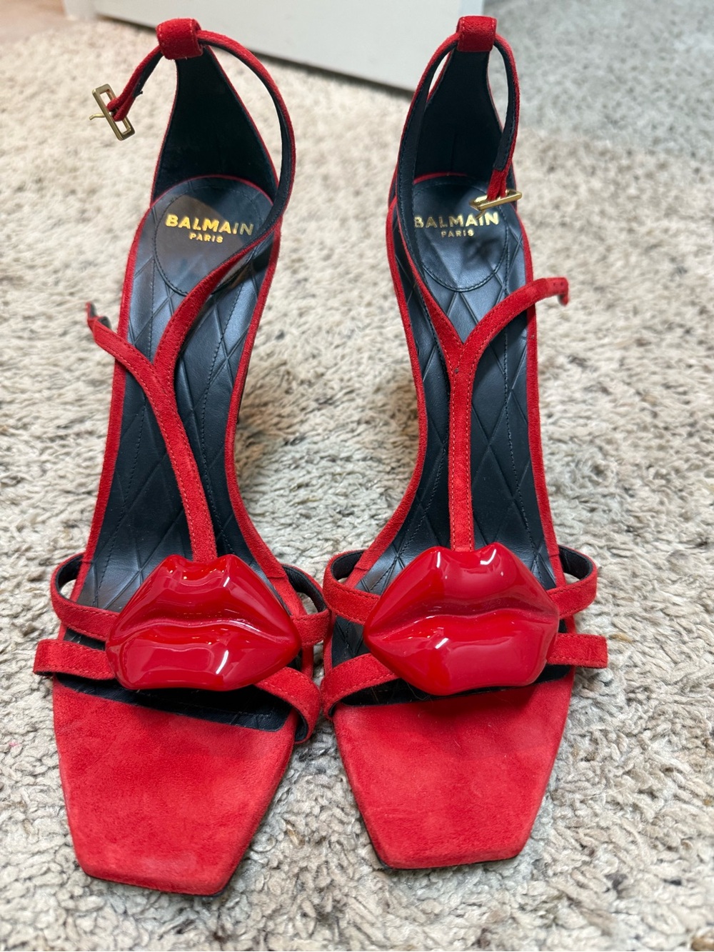 Balmain Red Suede Lip-Embellished Heeled Sandals